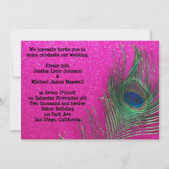 Glittery Pink Peacock Wedding Invitation (Front)