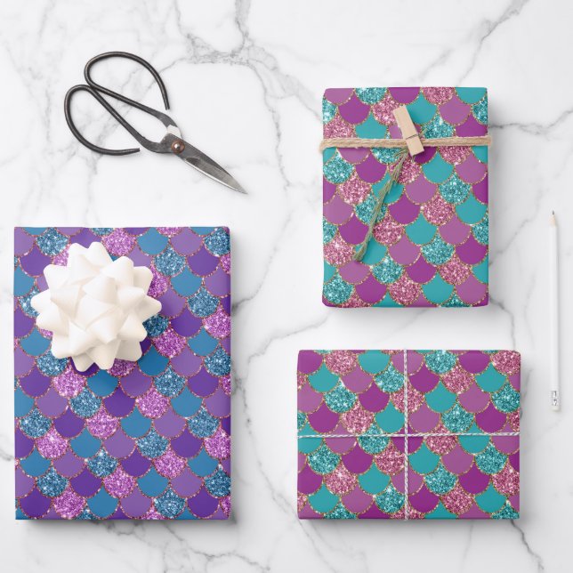 Glittery pink purple and blue mermaid scales wrapping paper sheet (Front)