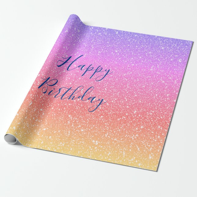 Glittery Pink Purple Ombre Colourful Happy Birthda Wrapping Paper (Unrolled)