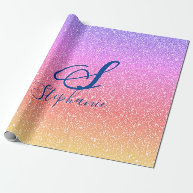 Glittery Pink Purple Ombre Monograms Name Cute Wrapping Paper (Unrolled)
