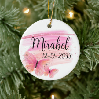 Glittery Pink Rose Butterfly Personalised Ceramic Tree Decoration