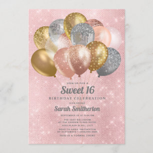 Glittery Pink Silver Gold Balloons Sweet 16 Invitation