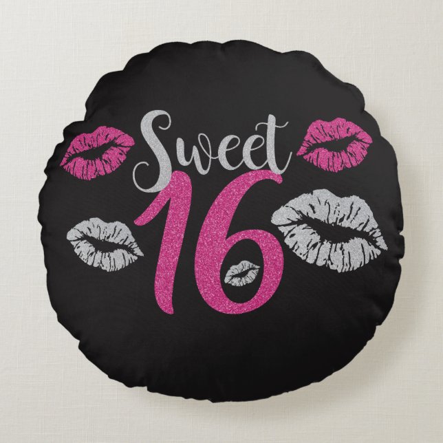 Glittery Pink Silver Sweet 16 Kisses Round Cushion (Front)