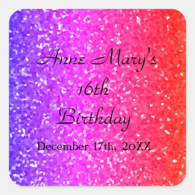 Glittery Pink Sparkle Custom Name 16th Birthday Square Sticker (Front)