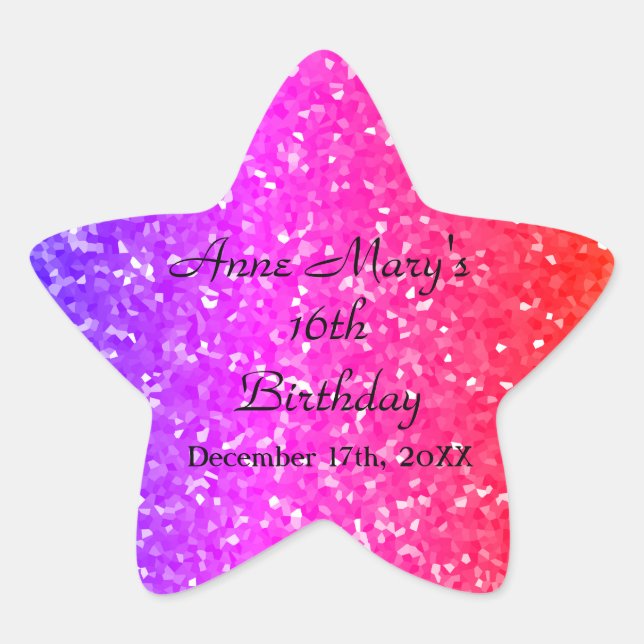 Glittery Pink Sparkle Custom Name 16th Birthday Star Sticker (Front)