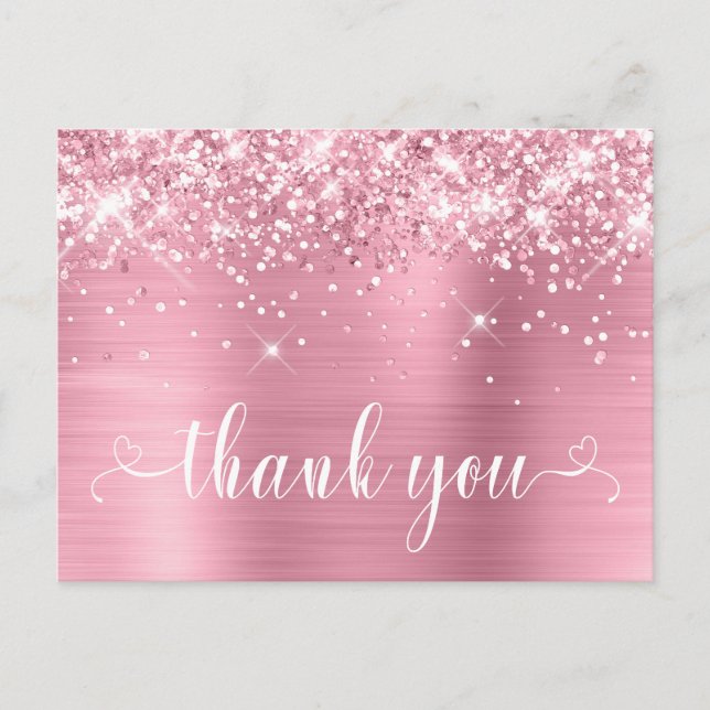 Glittery Pink Sweet 16 Hearts Thank You Postcard (Front)