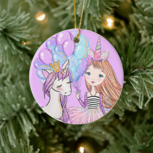 Glittery Pink Unicorn Girls Birthday Ceramic Tree Decoration