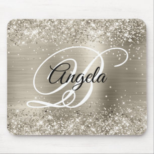 Glittery Platinum Brushed Foil Monogram Mouse Mat