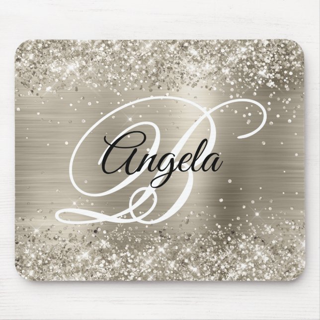 Glittery Platinum Brushed Foil Monogram Mouse Mat (Front)