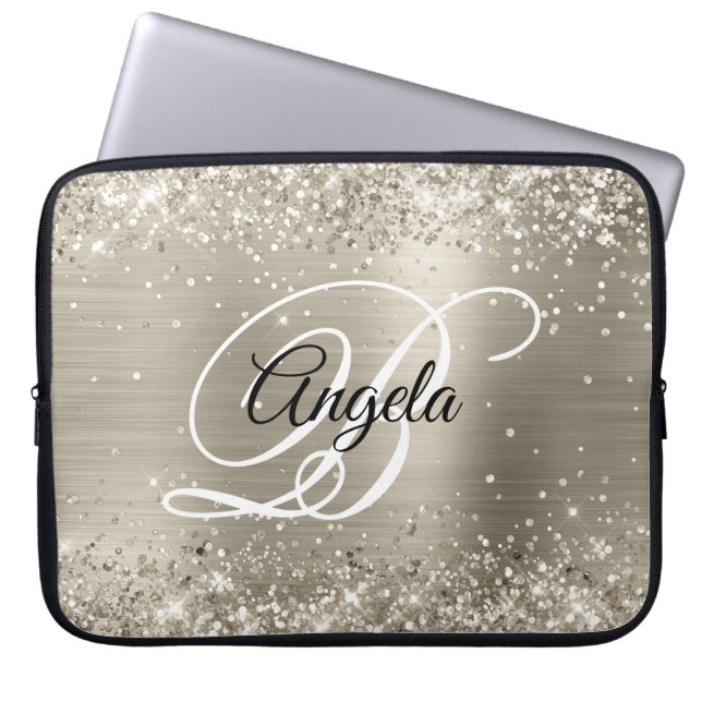 Glittery Platinum Brushed Foil Monogrammed Laptop Sleeve (Front)