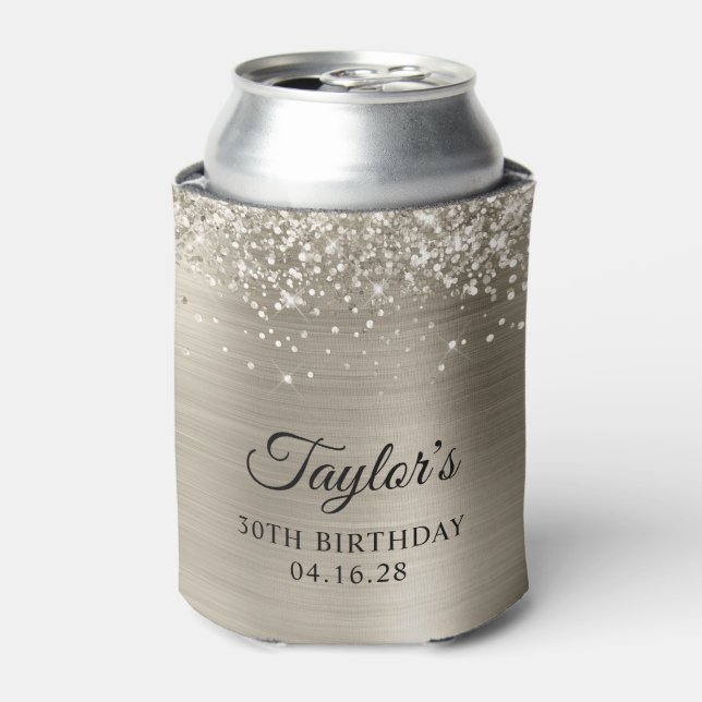 Glittery Platinum Foil 30th Birthday Can Cooler (Can Front)