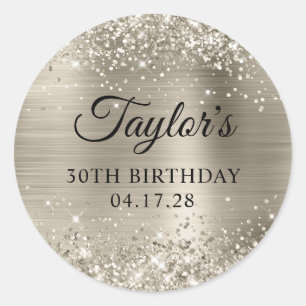 Glittery Platinum Foil 30th Birthday Classic Round Sticker