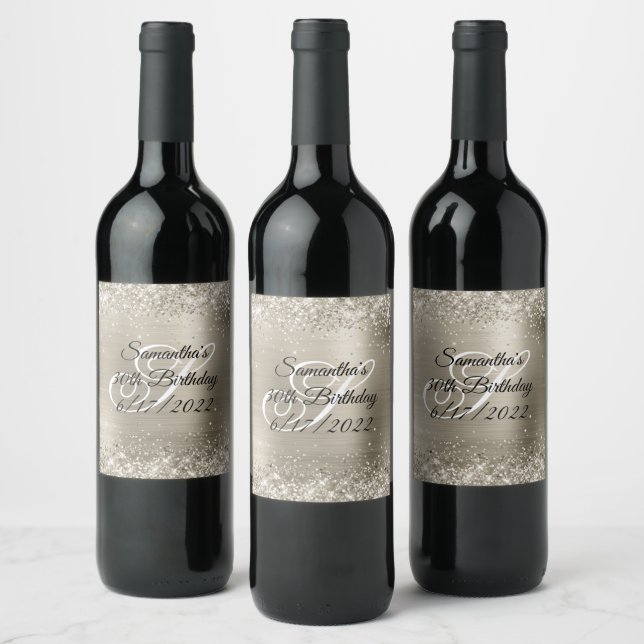 Glittery Platinum Foil 30th Birthday Wine Label (Bottles)