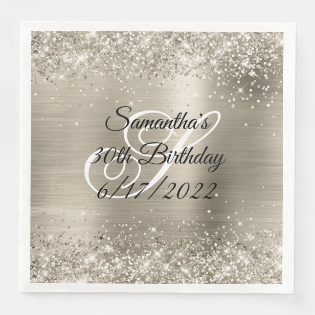 Glittery Platinum Foil Monogrammed 30th Birthday Napkin (Front)