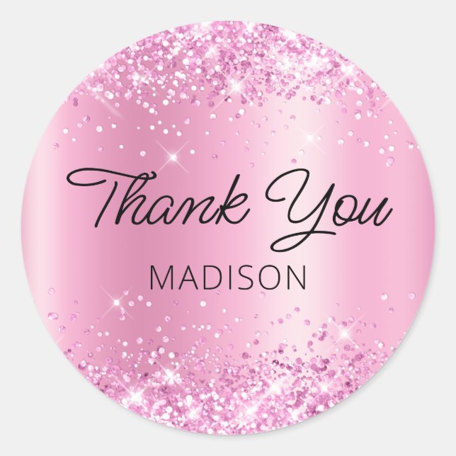 Glittery Pretty Pink Shimmer Thank You Classic Round Sticker (Front)