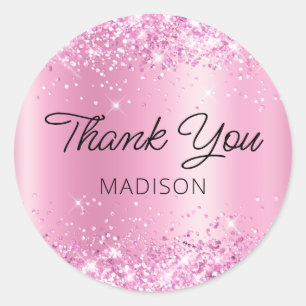 Glittery Pretty Pink Shimmer Thank You Classic Round Sticker