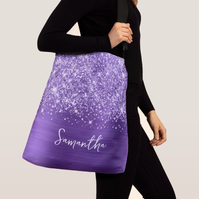 Glittery Purple Amethyst Glam Name Crossbody Bag (Close Up)