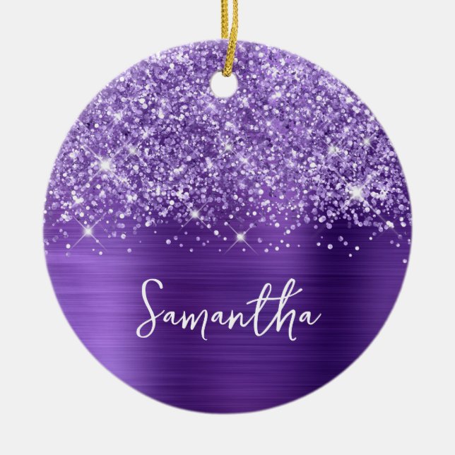 Glittery Purple Amethyst Glam Name Photo Ceramic Tree Decoration (Front)