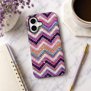 Glittery purple and pink zigzag pattern iPhone 16 case