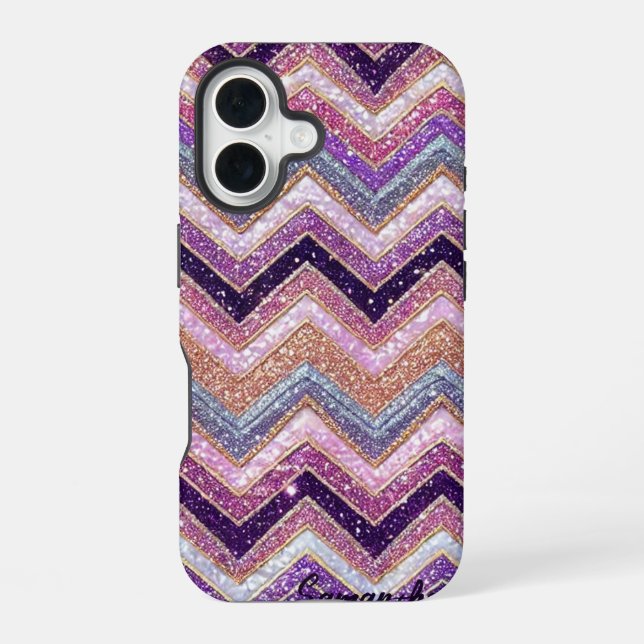 Glittery purple and pink zigzag pattern  iPhone 16 case (Back)