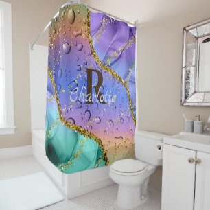 Glittery Purple, Aqua Blue and Emerald Green Ombre Shower Curtain