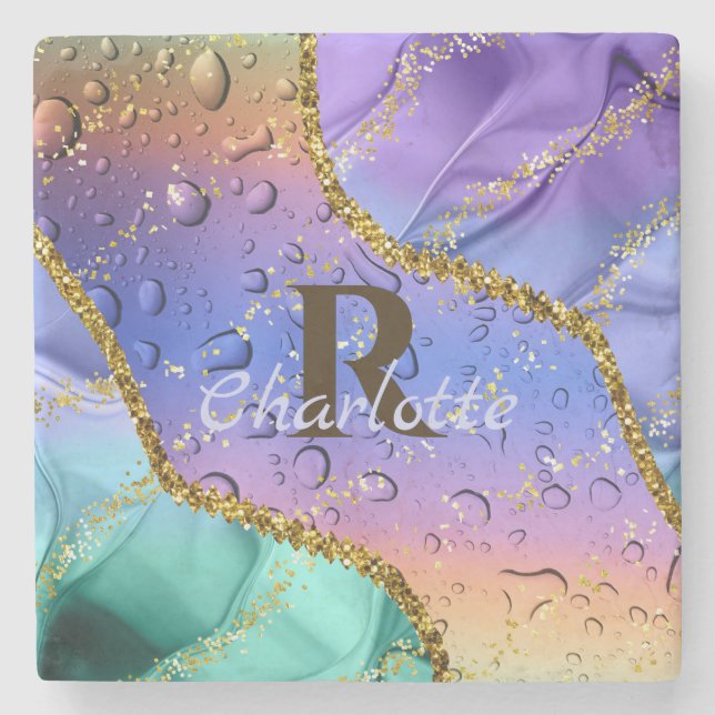 Glittery Purple, Aqua Blue and Emerald Green Ombre Stone Coaster (Front)