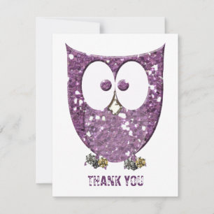 Glittery Purple Bling Owl Flat Thank You Notes