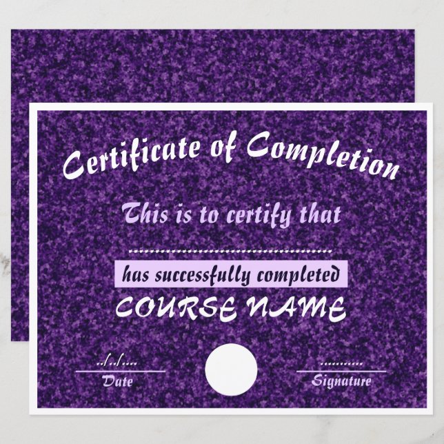 Glittery Purple Certificate of Completion (Front/Back)