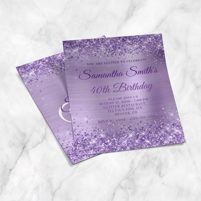 Glittery Purple Foil Monogram 40th Birthday Invite Flyer (Glittery Purple Foil Monogram 40th Birthday Invite Flyer)