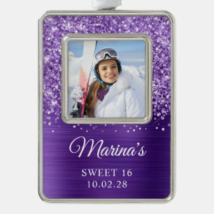 Glittery Purple Foil Sweet 16 Photo Silver Plated Framed Ornament