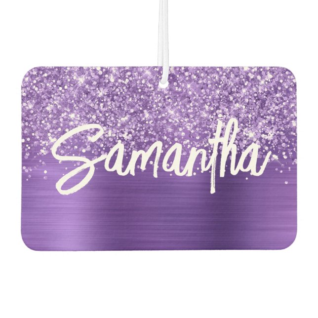 Glittery Purple Glam Brush Script Name Car Air Freshener (Front)