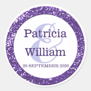 Glittery Purple Glitter Wedding Names Classic Round Sticker
