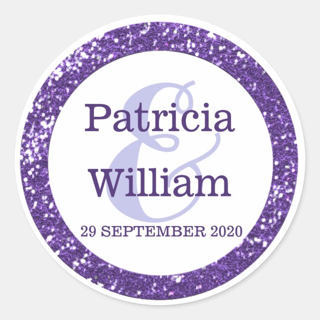 Glittery Purple Glitter Wedding Names Classic Round Sticker (Front)