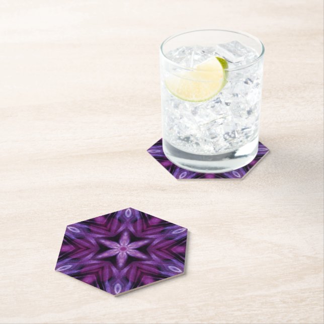 Glittery Purple Kaleidoscope Hearts Gradient Paper Coaster (Insitu)