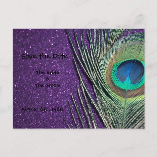 Glittery Purple Peacock Save the Date Postcard (Front)