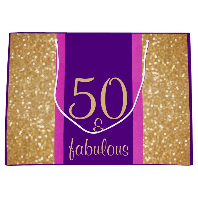 Glittery Purple & Pink 50 & Fabulous 50th Birthday Large Gift Bag (Front)