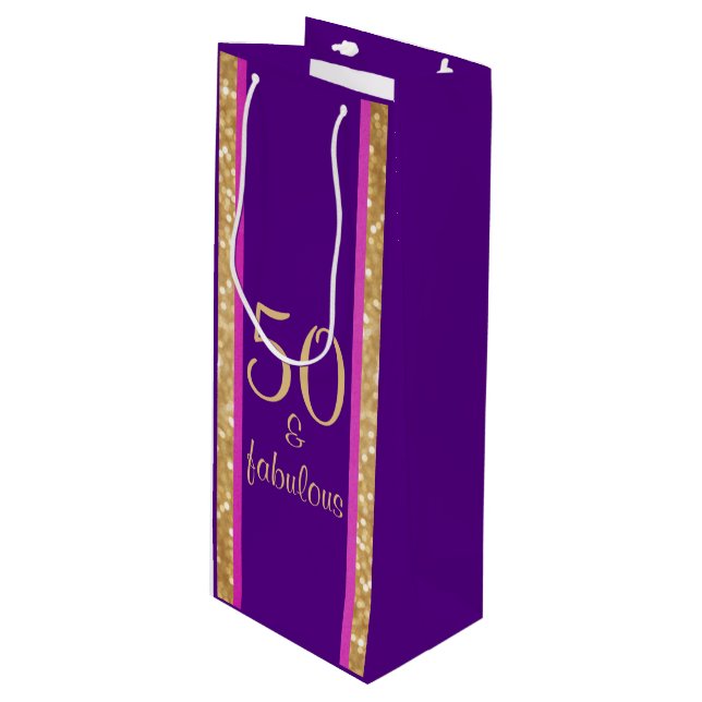 Glittery Purple Pink | 50 & Fabulous 50th Birthday Wine Gift Bag (Front Angled)