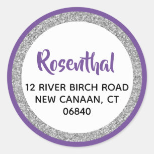 Glittery Purple & Silver Return Address Classic Round Sticker