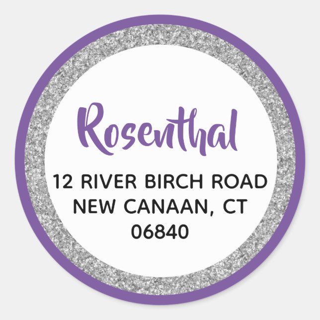 Glittery Purple & Silver Return Address Classic Round Sticker (Front)