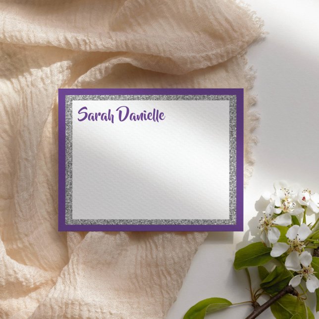 Glittery Purple & Silver Thank You Flat Note Card (Creator Uploaded)