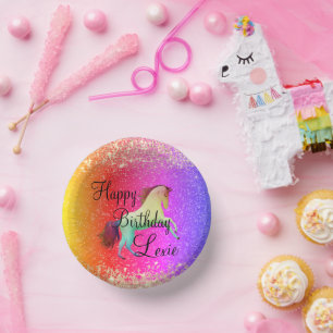 Glittery Rainbow Unicorn Birthday Paper Plate