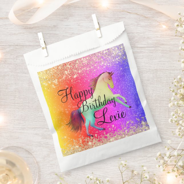 Glittery Rainbow Unicorn Birthday Personalised Favour Bags (Clipped)