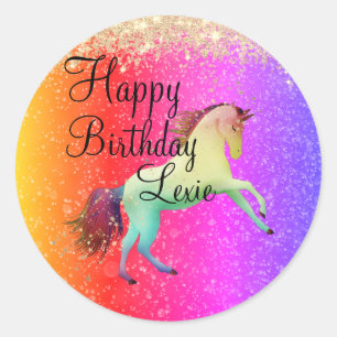 Glittery Rainbow Unicorn Classic Round Sticker
