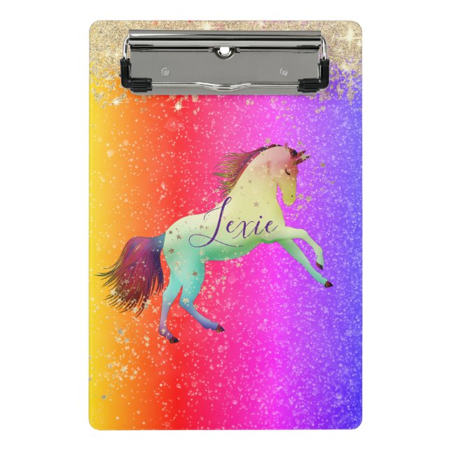 Glittery Rainbow Unicorn  Mini Clipboard (Front)