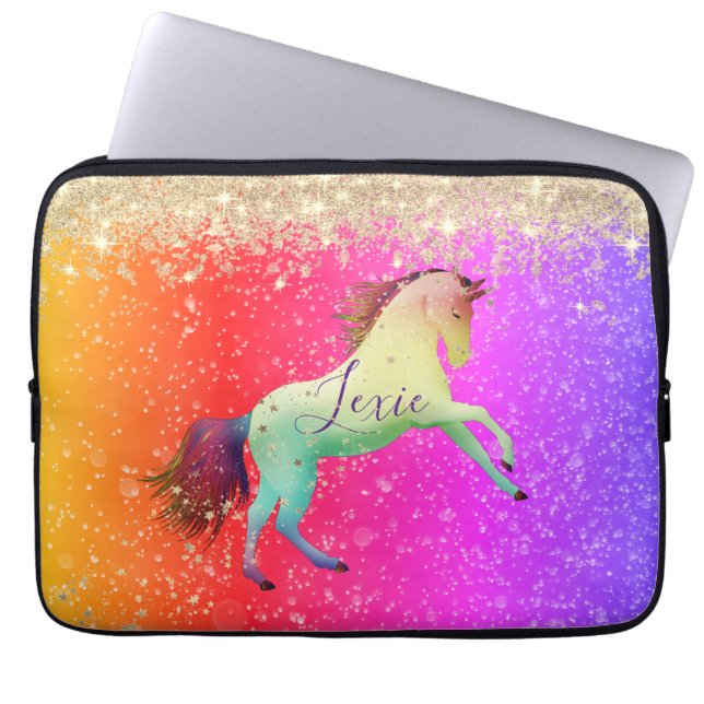 Glittery Rainbow Unicorn Personalised Laptop Sleeve (Front)