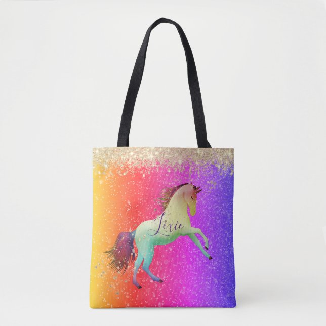 Glittery Rainbow Unicorn Personalised Tote Bag (Front)