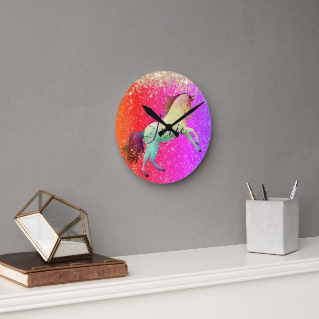 Glittery Rainbow Unicorn  Personalized  Round Clock (Office)