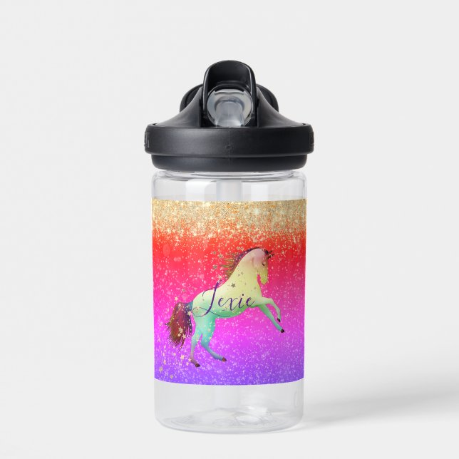 Glittery Rainbow Unicorn  Water Bottle (Front)