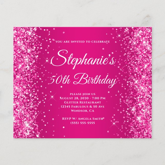 Glittery Raspberry Hot Pink Ombre 50th Birthday Flyer (Front)