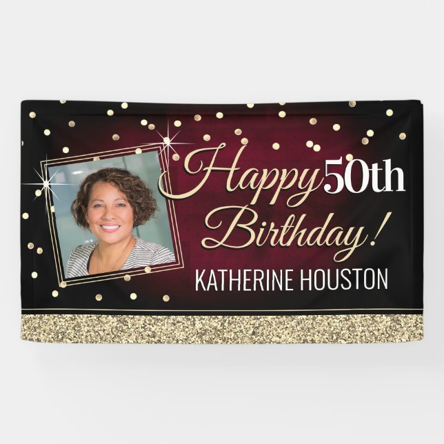 Glittery Red and Gold Happy Birthday Banner (Horizontal)